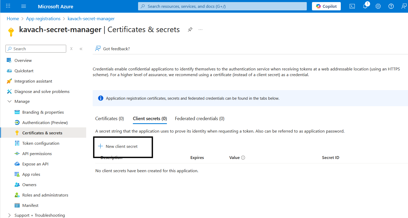Azure Client Secret Page